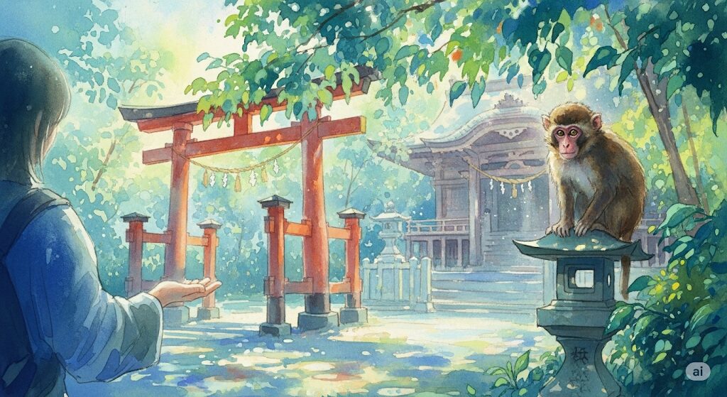 神社で野生の猿に会うスピリチュアルな体験を描いた水彩画。神様からの歓迎のしるしとして、参拝者を静かに見つめる猿の姿。
