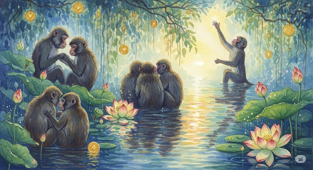 人間関係や繁栄を象徴する野生の猿のスピリチュアルな群れを描いた水彩画。仲間と支え合い、共に繁栄へ向かう姿。
