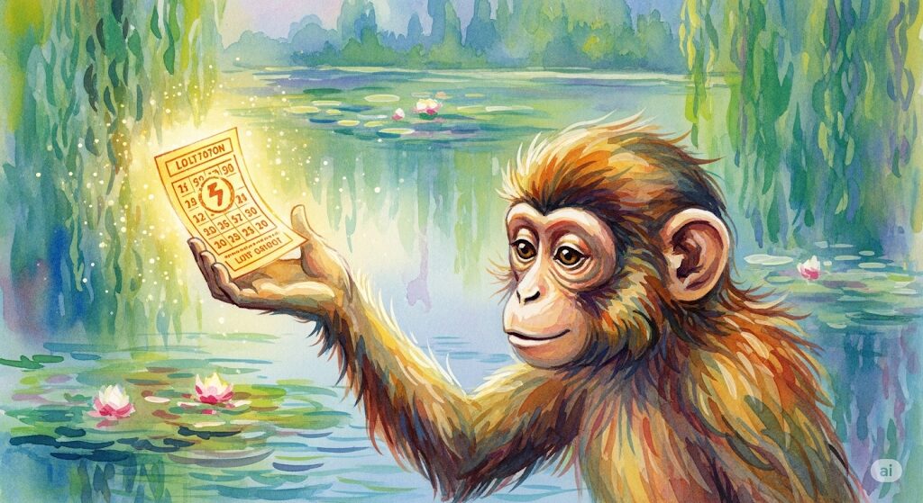 野生の猿と宝くじのスピリチュアルな関係をテーマにした水彩画。幸運の象徴として、輝く宝くじを手にする猿。