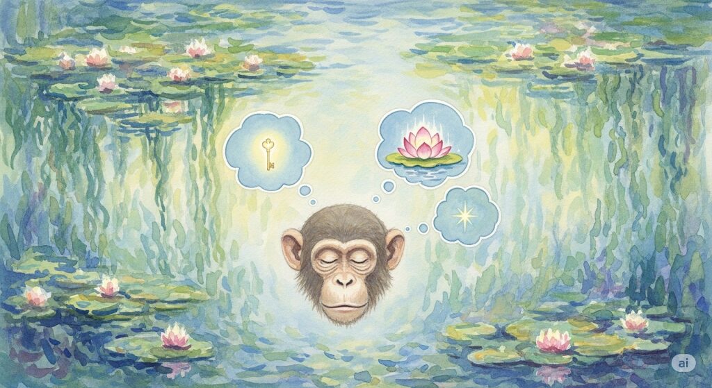 野生の猿の夢が伝えるスピリチュアルなメッセージを表現した水彩画。鍵、蓮、星のシンボルを通じて、潜在意識からの重要な教えを示す。