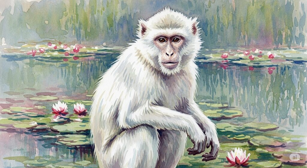 幸運の象徴とされる白い野生の猿のスピリチュアルな水彩画。睡蓮の浮かぶ水辺に佇み、特別な力を感じさせる神秘的な姿。