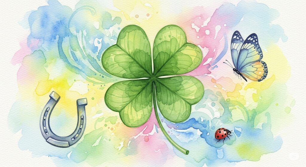 突然オルゴールが鳴るのは幸運のスピリチュアルなサイン。四つ葉のクローバーや蝶が描かれた水彩画。