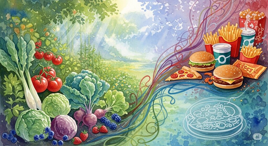 魂が求める食べ物と「ジャンクフードが食べたい」という欲求の関係性をテーマにしたスピリチュアルな水彩画。新鮮な野菜とジャンクフードが対比されつつも線で結ばれ、心と体のバランスの重要性を表しています。