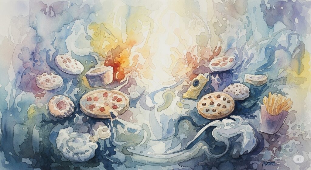 潜在意識が「ジャンクフードが食べたい」と欲する理由をイメージした抽象的な水彩画。スピリチュアルな視点から、心の奥底にある満たされない思いや感情を、ぼんやりとした食べ物の形で表現しています。