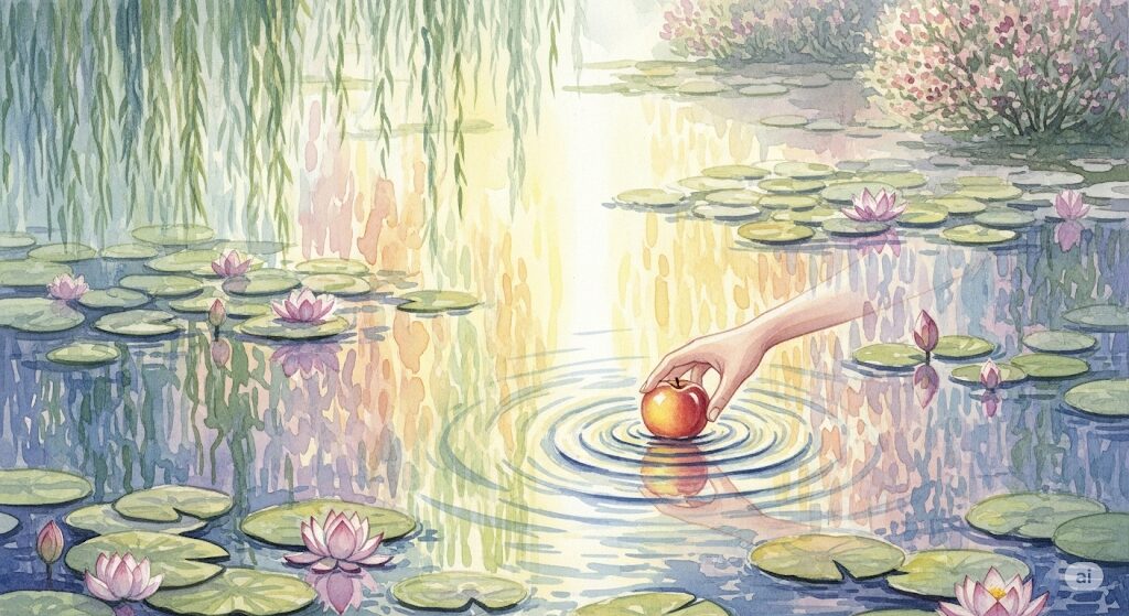 「ジャンクフードが食べたい」という欲求をきっかけに、食生活をスピリチュアルに見直すタイミングを描いた絵。モネ風の美しい睡蓮の池で、手がりんごに触れる瞬間は、心と体の声を聞くことの大切さを示します。