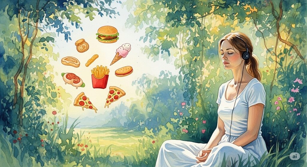 体の声を聴き「ジャンクフードが食べたい」気持ちと向き合う方法をテーマにしたスピリチュアルな画像。女性が自然の中で瞑想し、ジャンクフードの幻想を手放す様子を描いた穏やかな水彩画です。