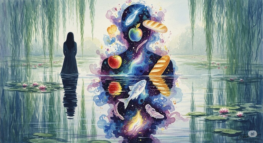 食欲を通して本当の自分を知るスピリチュアルな体験を描いた水彩画。「ジャンクフードが食べたい」という欲求の奥にある魂の姿が、水面に映し出されています。