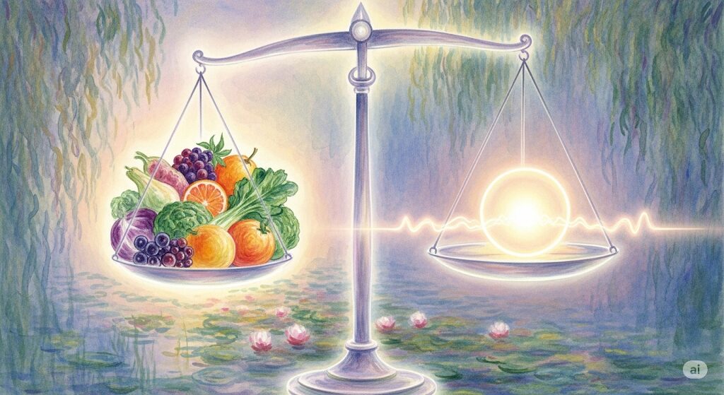 食事でスピリチュアルなバランスを整える方法を表現した神秘的な水彩画。天秤の一方に野菜、もう一方に魂の光が乗り、「ジャンクフードが食べたい」気持ちとの調和の重要性を示しています。