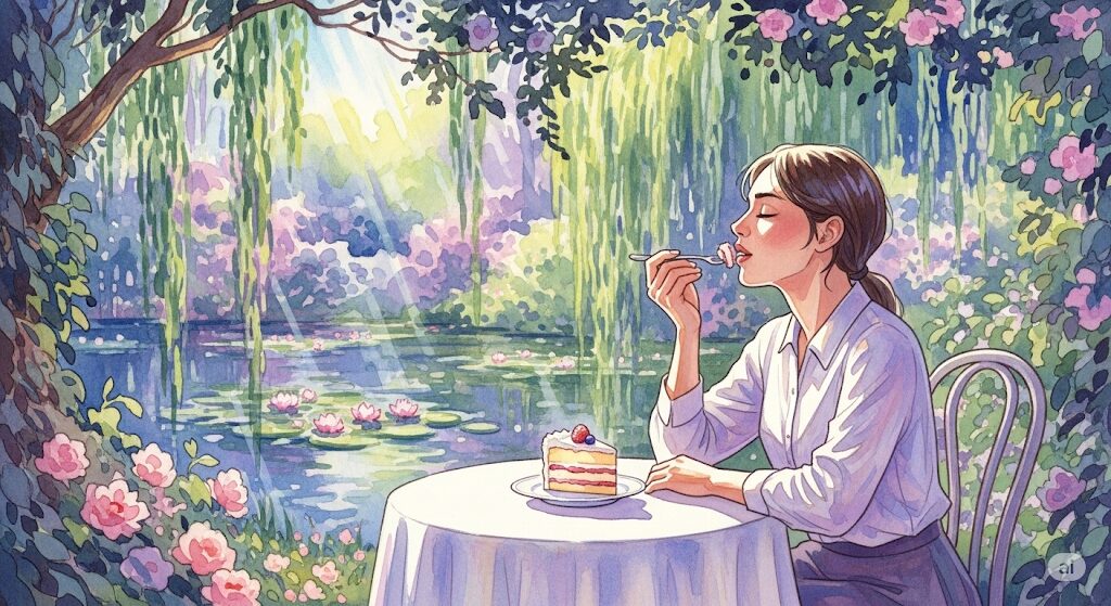 「ジャンクフードが食べたい」気持ちを我慢せず楽しむコツをイメージした絵画。美しい庭園でケーキを味わう女性は、罪悪感なく心を満たすスピリチュアルな食事の楽しみ方を象徴しています。