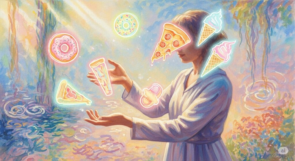 「ジャンクフードが食べたい」という欲求と上手に付き合い心を満たす様子を描いたスピリチュアルなアート。女性が光る食べ物と穏やかに対話する姿は、受容と心の充足を表しています。