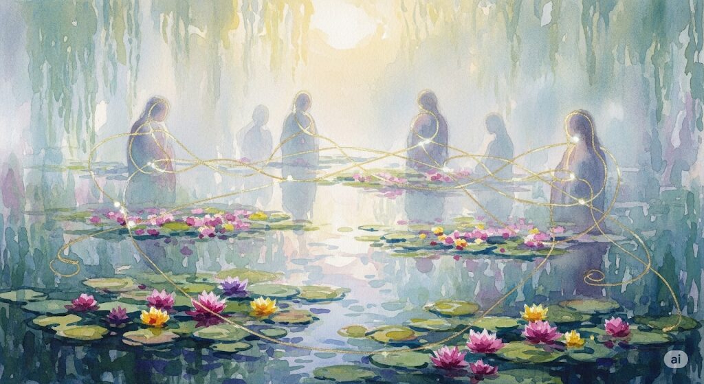 人々が光で繋がる神秘的なイラスト。にんにくを食べたいスピリチュアルな感覚が人間関係の深化を促す様子。