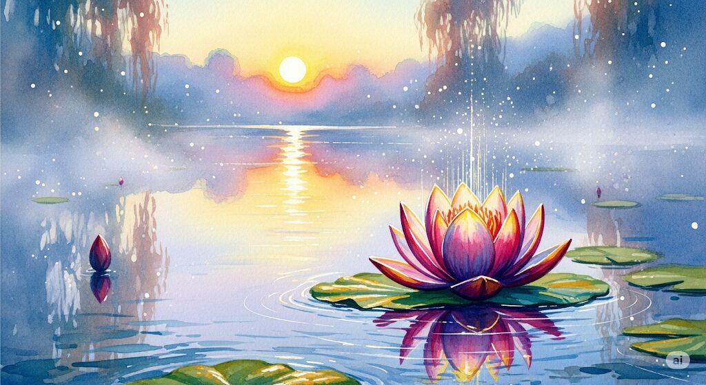 自己成長と新たな始まりを告げる蓮の花と朝日。にんにくを食べたいスピリチュアルなタイミングを象徴する画像。