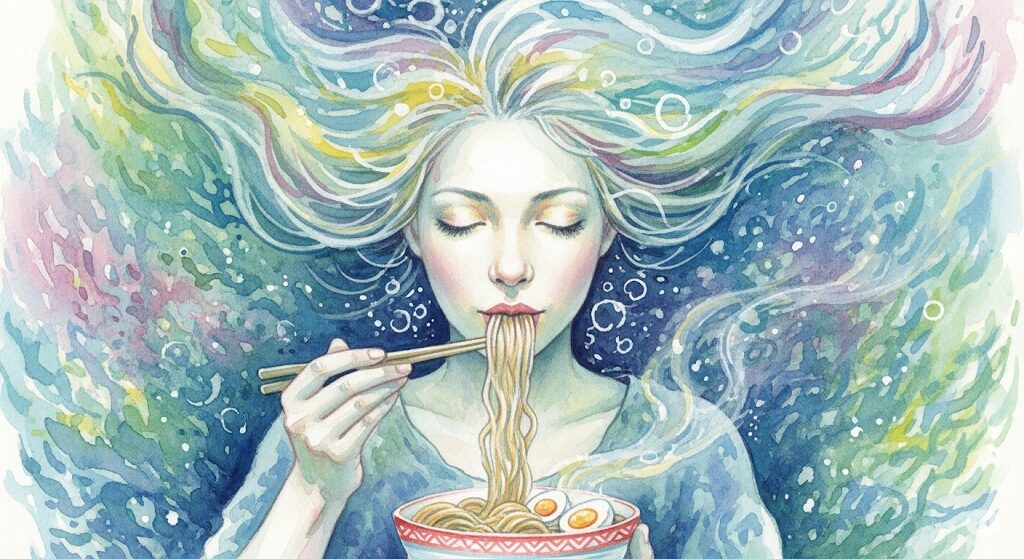 ストレス解消のためにラーメンを食べる女性の、ポジティブな欲求を表現したスピリチュアルな水彩画