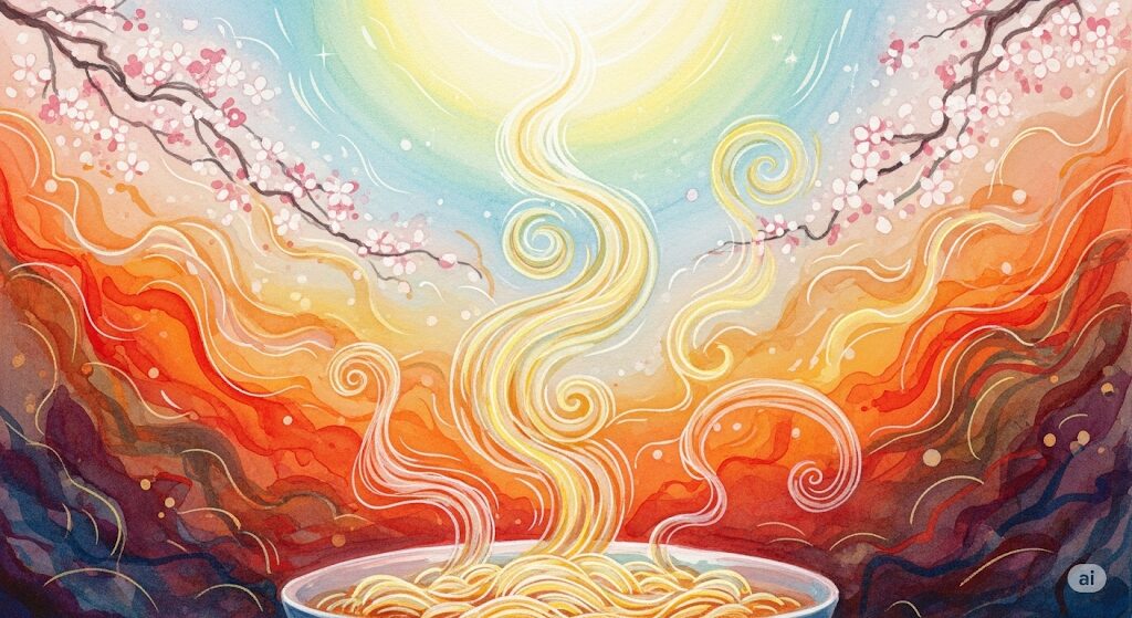 ラーメン好きが持つスピリチュアルな特徴を、モネ風の神秘的な水彩画で表現。