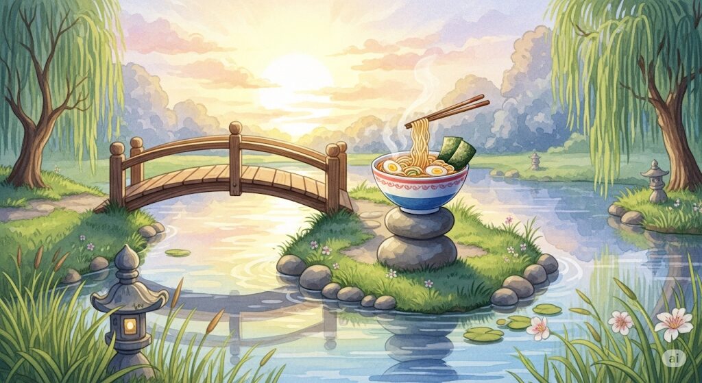 運気が上がるラーメンの食べ方を描いた、モネ風の神秘的な水彩画。