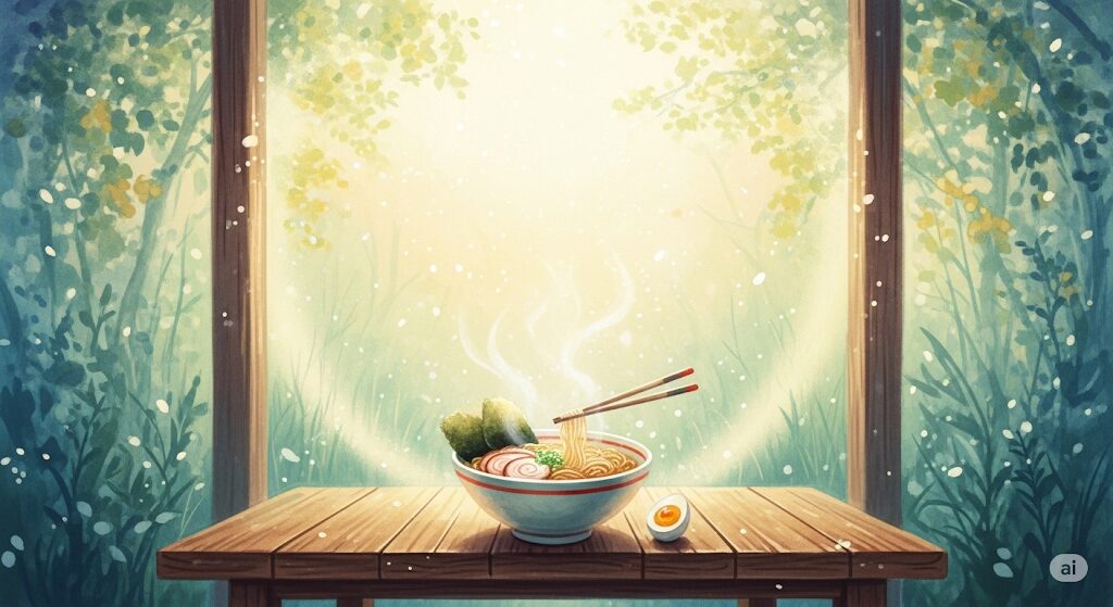 自分を労るご褒美としてのラーメンが持つ効果を、モネ風水彩画で描いた神秘的な画像。