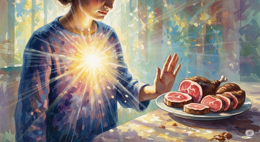 肉が食べたいという欲求とは逆に、肉を受け付けない時のスピリチュアルな状態を描いた水彩画。光を放つ人物が肉の皿を静かに遠ざけ、波動の上昇を象徴している。