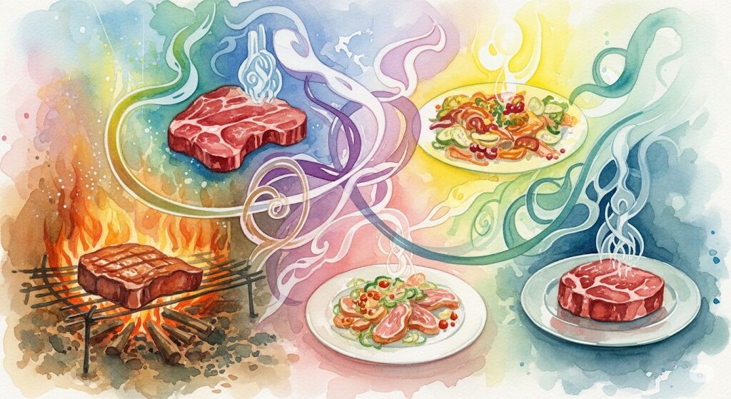 目的別に変わるスピリチュアルな肉の食べ方を象徴したモネ風の水彩画。異なる調理法の肉料理が神秘的な光の中に描かれ、肉が食べたいという欲求が神秘的に表現されています。