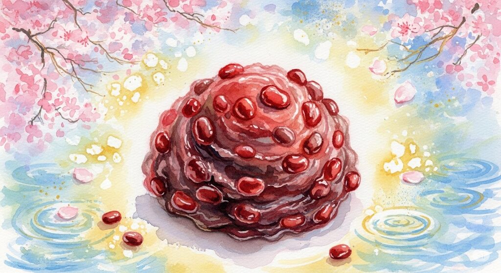 「あんこが食べたい スピリチュアル」な開運フード。桜と光に包まれた縁起の良いあんこのモネ風の絵。