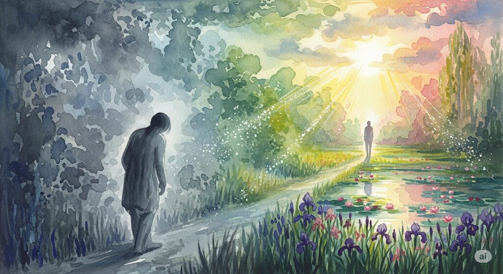 脳の疲労や無気力状態からの回復を表現した、モネ風水彩画の神秘的な画像。暗く沈んだ世界から、光が差し込む明るい場所へと向かう姿が描かれています。