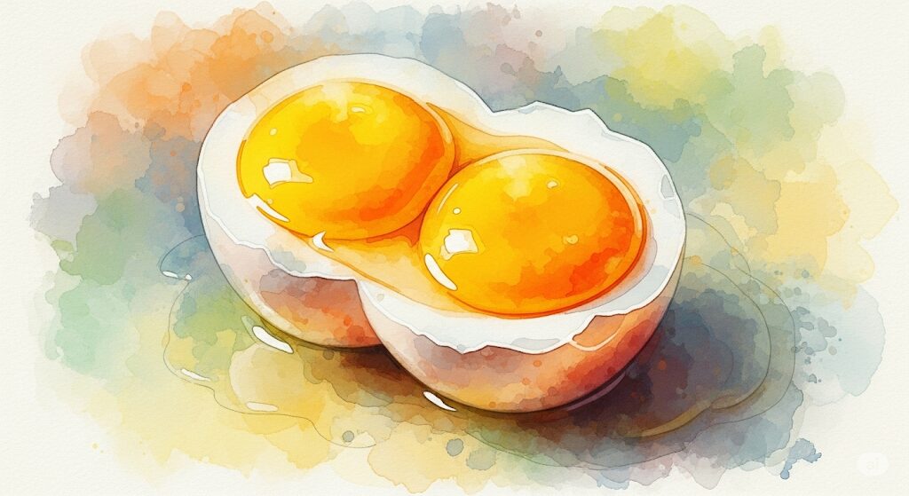 幸運のしるしである双子の卵を表現した、モネ風水彩画の神秘的な画像。新しい生命や可能性のメッセージ、そして卵が食べたいというスピリチュアルな欲求を象徴しています。
