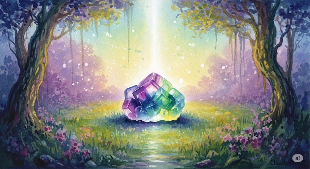 フローライトの具体的な効果を、神秘的な光とカラフルな結晶で描いたモネ風の水彩画