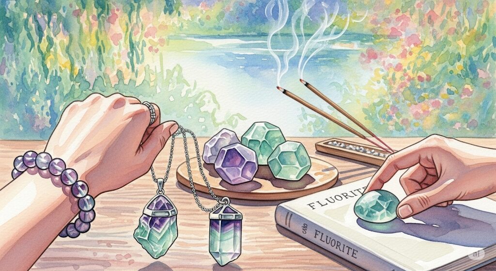 フローライトのパワーを引き出すブレスレットやペンダントなど、おすすめの使い方を描いた水彩画