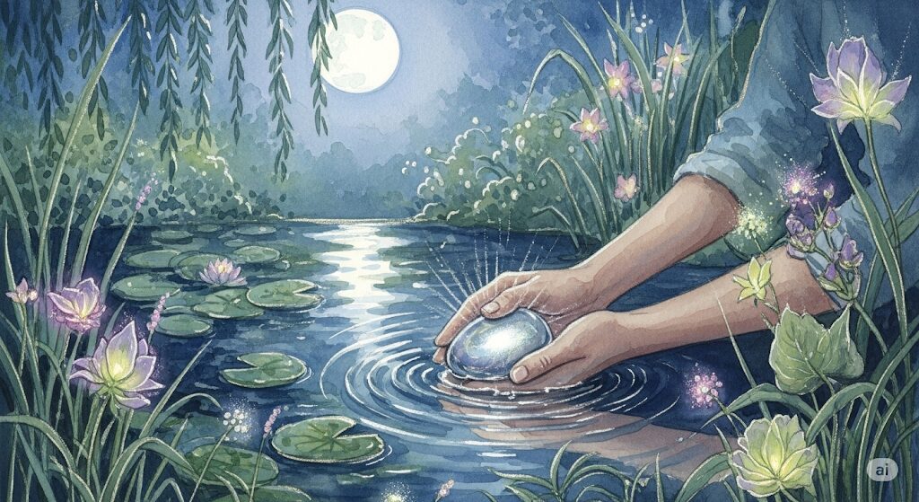 フローライトの輝きを保つために、月光浴で浄化する様子を描いた水彩画