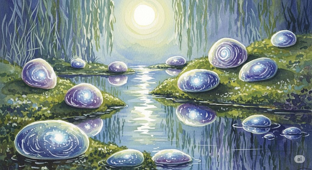 月光浴と相性の良いパワーストーンが月の光で輝く様子を描いた水彩画。モネ風の神秘的なタッチで、石がエネルギーをチャージしているイメージ。
