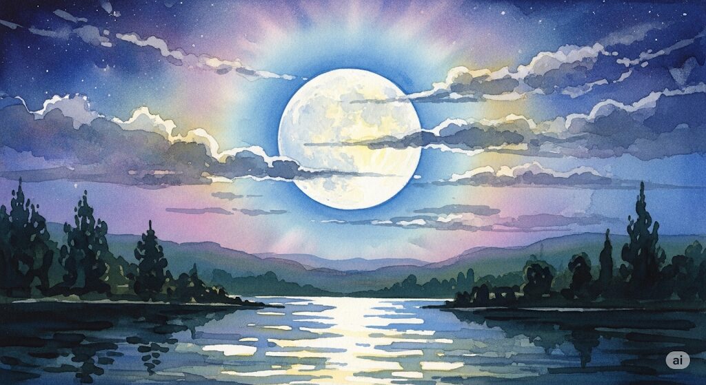 パワーストーンの月光浴に最適な、エネルギーが最大になる満月を描いたモネ風水彩画。力強い月の光が湖面に反射し、神秘的な夜を演出。