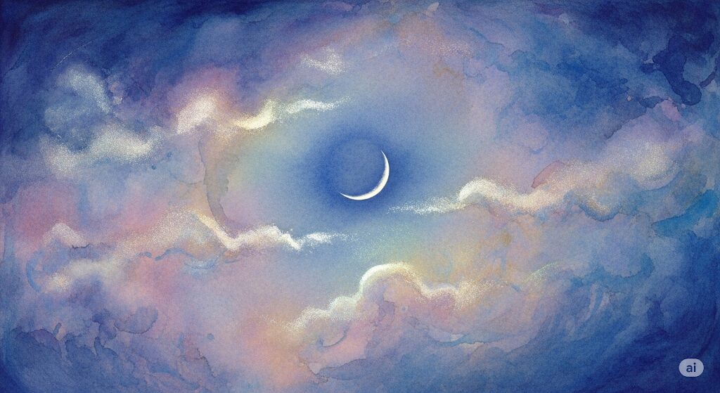 新しい始まりを象徴する新月の夜空を描いたモネ風水彩画。パワーストーンの月光浴でリセットと浄化を行うスピリチュアルなイメージ。