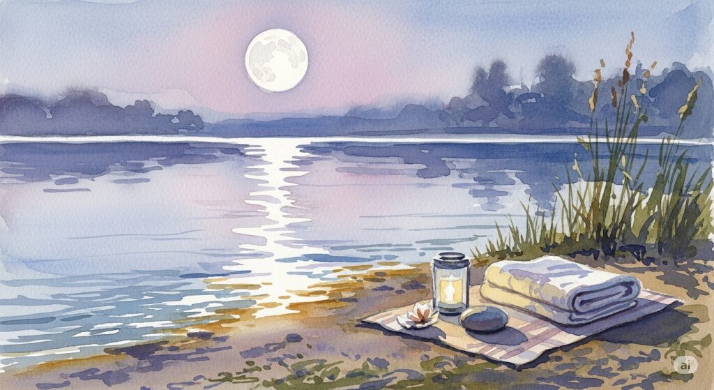 初心者でも簡単なパワーストーンの月光浴のやり方をイメージした水彩画。湖畔に置かれた石が、満月の光を浴びて静かに浄化されている穏やかな風景。