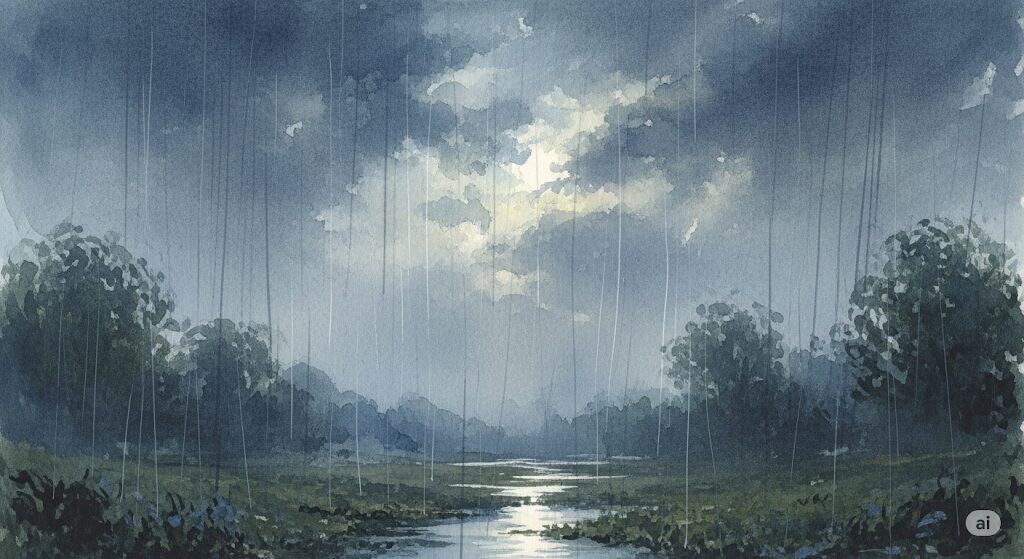 曇りや雨の日でもパワーストーンの月光浴は効果があることを示す水彩画。厚い雲の向こうから月のエネルギーが降り注ぐ、幻想的なモネ風の風景。