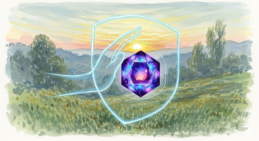 パワーストーンの月光浴での注意点を描いたモネ風水彩画。夜明けの太陽光から石を保護する様子が描かれ、浄化後の管理の大切さを示している。