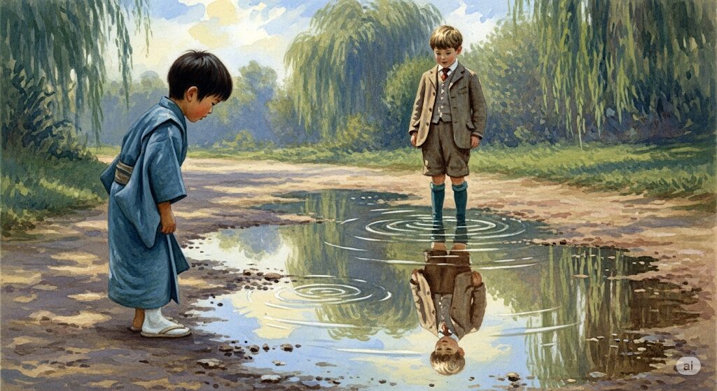 前世の記憶がある人の実話。日本の着物を着た男の子が水たまりを覗き込むと、中にイギリスの古い服装の少年が映っている様子が水彩画で描かれている。