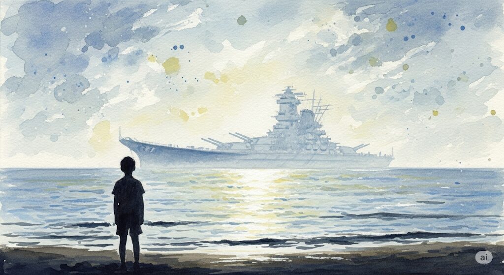 前世の記憶がある人の実話。少年が海岸に立ち、海に浮かぶ戦艦大和の幻影を眺めている神秘的な水彩画。