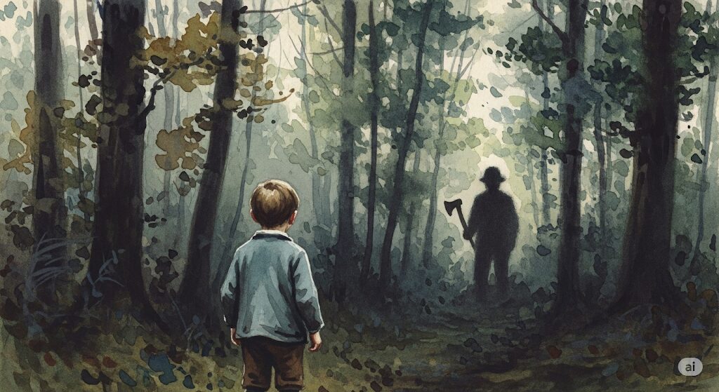 前世の記憶がある人の実話。暗い森の中で、4歳の少年が遠くに立つ斧を持った不気味な人影を見つめている様子が水彩画で描かれている。
