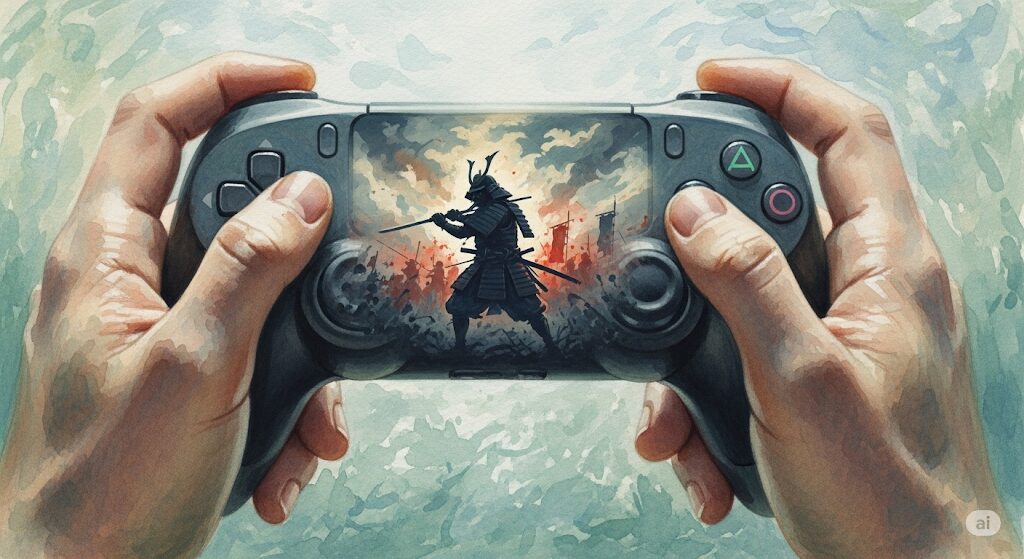 前世の記憶がある人の実話。現代のゲームコントローラーの画面に、戦場で戦う戦国武士の姿が映り込んでいる様子を描いた水彩画。