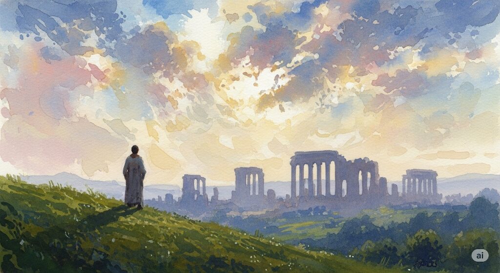 「前世の記憶がある人 実話」の記憶を癒す旅のイメージ。広大な古代の風景と遺跡を丘の上から眺める人物の後ろ姿が描かれた、癒しの光に満ちた水彩画。