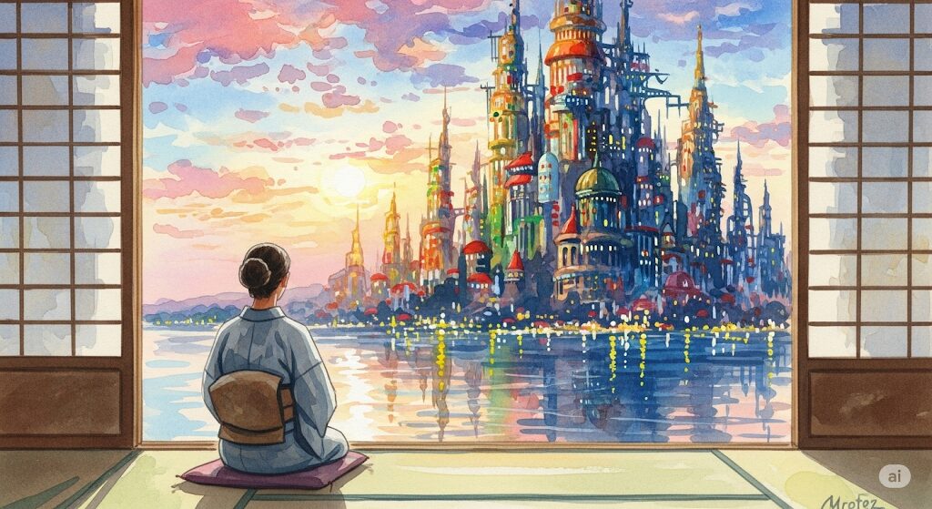 前世が外国人の特徴を持つ人物のイラスト。日本の和室から、魂が記憶する海外の壮大な都市を眺めている様子。スピリチュアルで神秘的な水彩画。