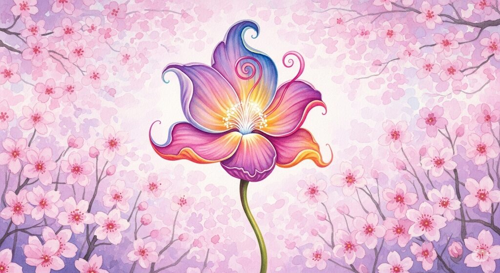 前世が外国人の特徴である「独特の感性」を表現したイラスト。日本の桜の中に、一つだけ色鮮やかで個性的な花が咲いている様子。スピリチュアルなテーマを水彩画で描いている。