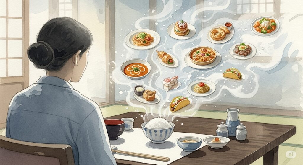 前世が外国人の特徴である「食の好み」を表現したイラスト。和食の湯気から海外の料理が浮かび上がる様子で、魂の記憶をスピリチュアルな水彩画で描いている。