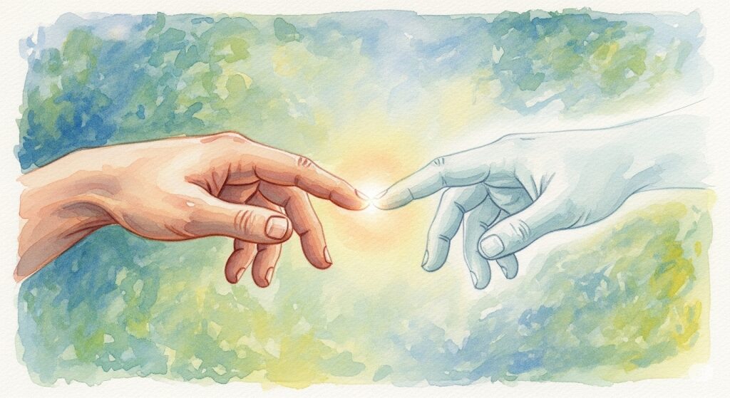 前世が外国人の特徴である「スピリチュアルな繋がり」を表現したイラスト。現世と前世（魂）の手が触れ合う瞬間に光が生まれる様子。神秘的な水彩画。