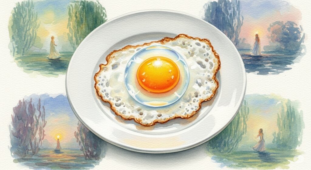 前世が外国人の特徴を探る心理テストを表現したイラスト。目玉焼きの黄身が水晶玉のように輝き、魂のルーツである海外の風景を映し出している。スピリチュアルな水彩画。
