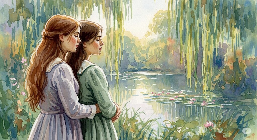 「関係性で見る前世が双子だった友達」をテーマにした、モネ風の神秘的な水彩画。深い絆で結ばれた親友同士の姿は、あなたの「前世 双子 診断」の重要なヒントになります。
