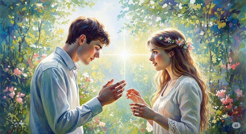 「初対面で意気投合する男女のケース」をテーマにした、モネ風の神秘的な水彩画。初めて会ったとは思えないほど自然に心惹かれ合う男女の姿は、あなたの「前世 双子 診断」で解き明かされる特別な縁を示唆しています。
