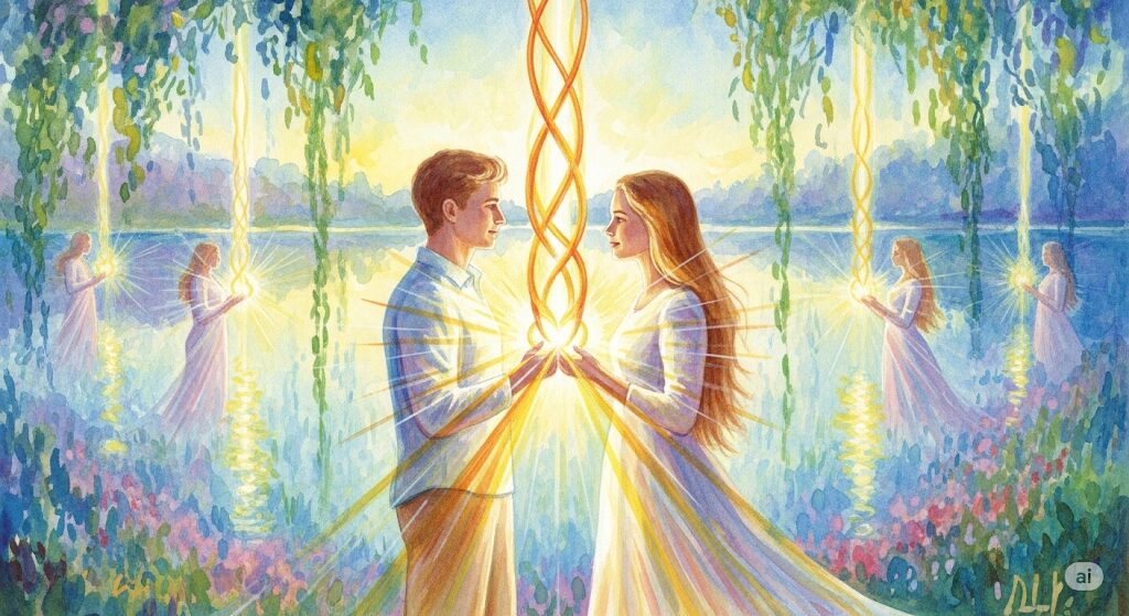 「魂の片割れ？ツインレイとの違い」をテーマにした、モネ風の神秘的な水彩画。唯一無二の存在であるツインレイの強い光の結びつきは、「前世 双子 診断」で探る魂の関係性との違いを象徴的に示しています。