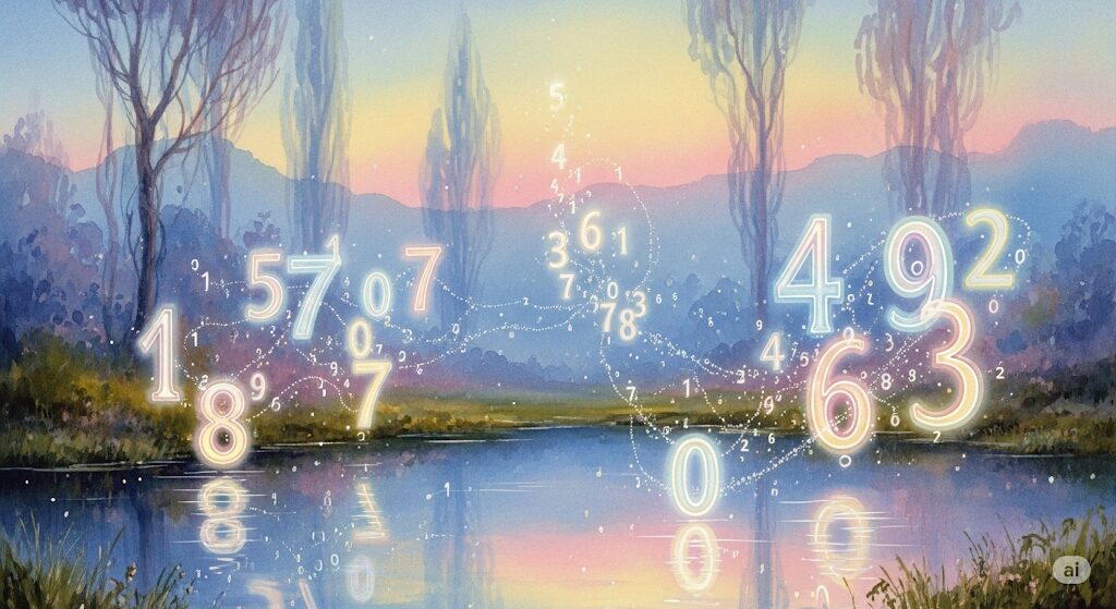 「誕生日の数字でわかる魂の繋がり」をテーマにした、モネ風の神秘的な水彩画。風景に浮かぶ数字が魂を結びつける様子は、「前世 双子 診断」において、誕生日の数字が示す魂の繋がりを象徴しています。