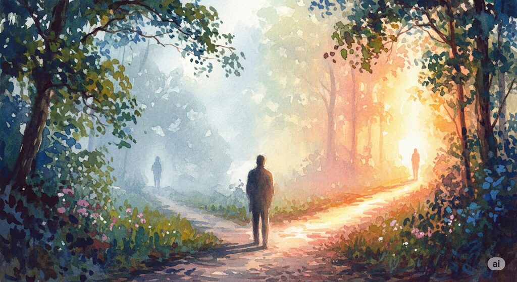 「運命の相手と出会う前兆とは」をテーマにした、モネ風の神秘的な水彩画。岐路に立つ人物の前に現れた光の道は、運命的な出会いが近いことを示しており、「前世 双子 診断」で探す相手との再会が近づいていることを象徴しています。