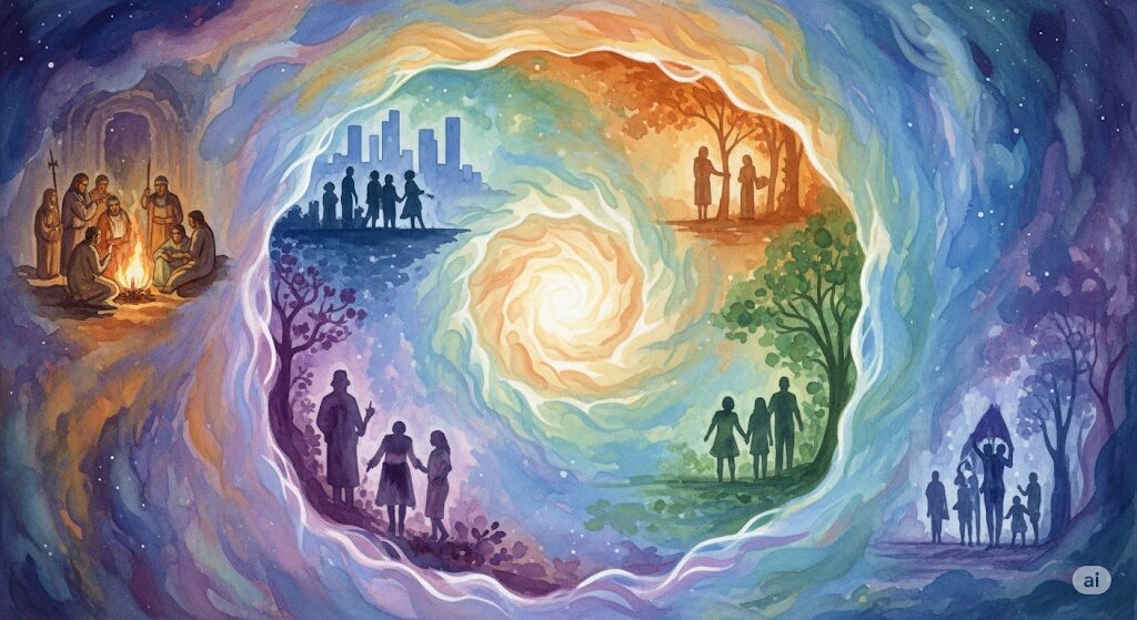 輪廻転生における魂の学びと「前世が人柱だった人の特徴」をテーマにした水彩画。生命の螺旋の中で様々な時代を経験する魂の姿が、成長のための壮大な旅を幻想的に描いています。